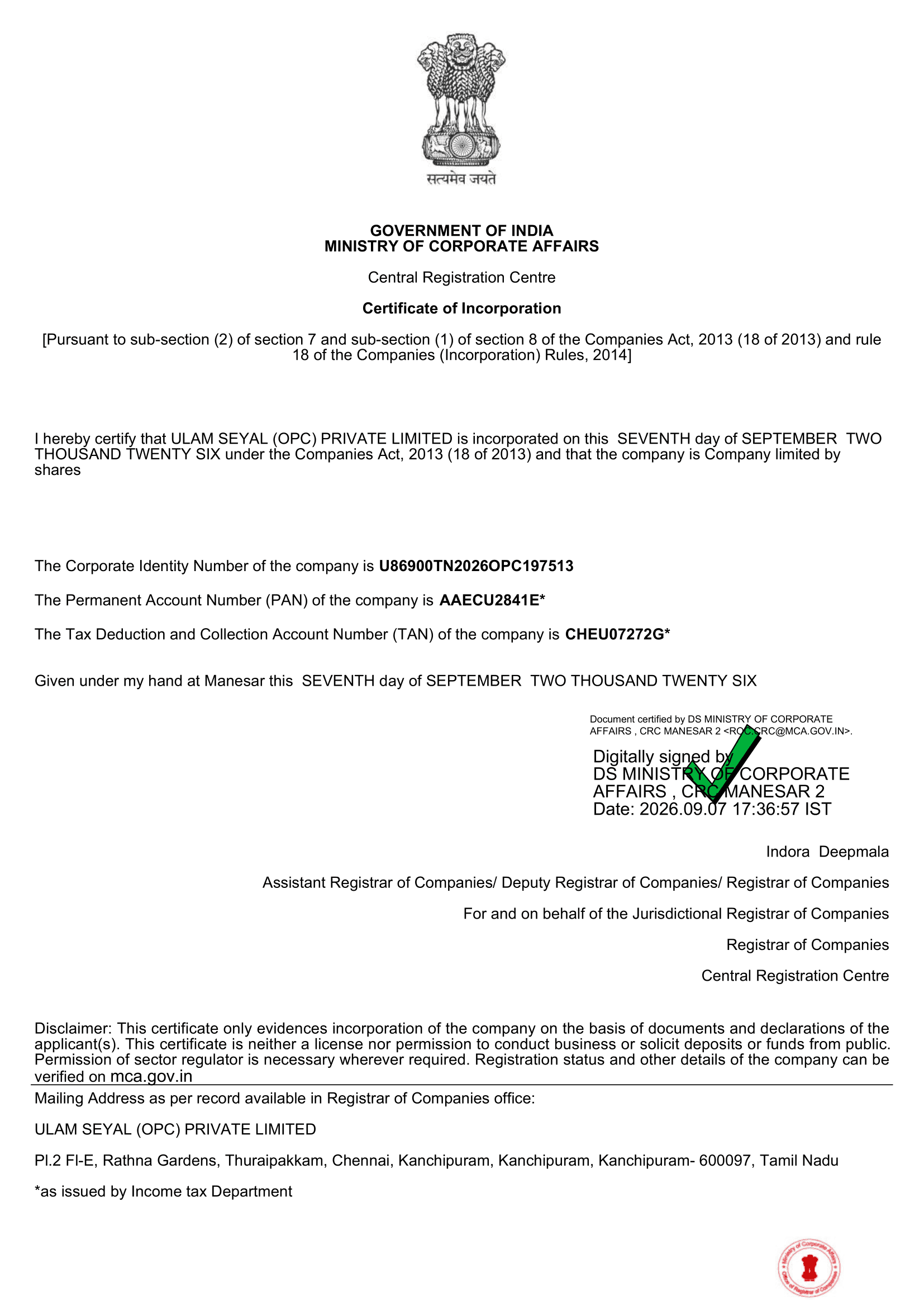 Certificate of Incorporation - ULAM SEYAL (OPC) PRIVATE LIMITED